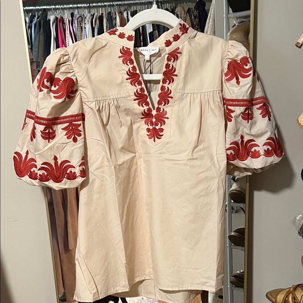Entro Beige Blouse with Red Embroidery